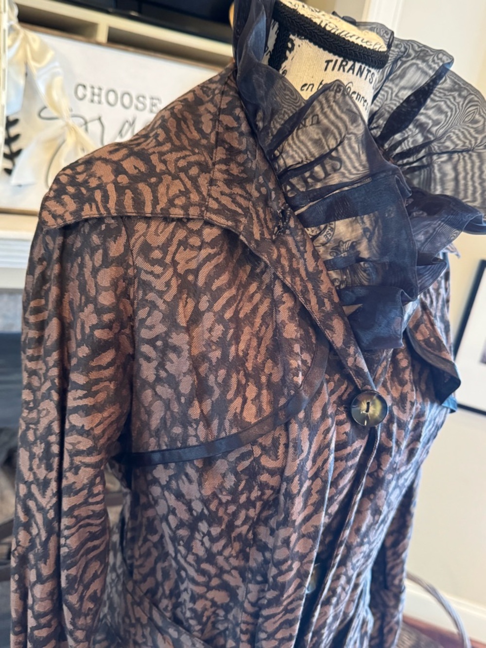 Vintage Y2K Leopard Print Black Tulle Ruffle Belt Trench Coat Avant Garde Small - Picture 7 of 12